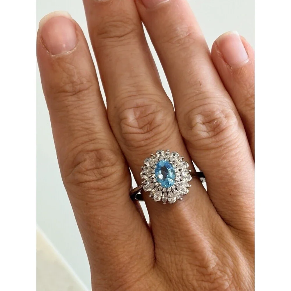 Oval Aquamarine Flower Ring Women's Ring 925 Sterling Silver Size 7A